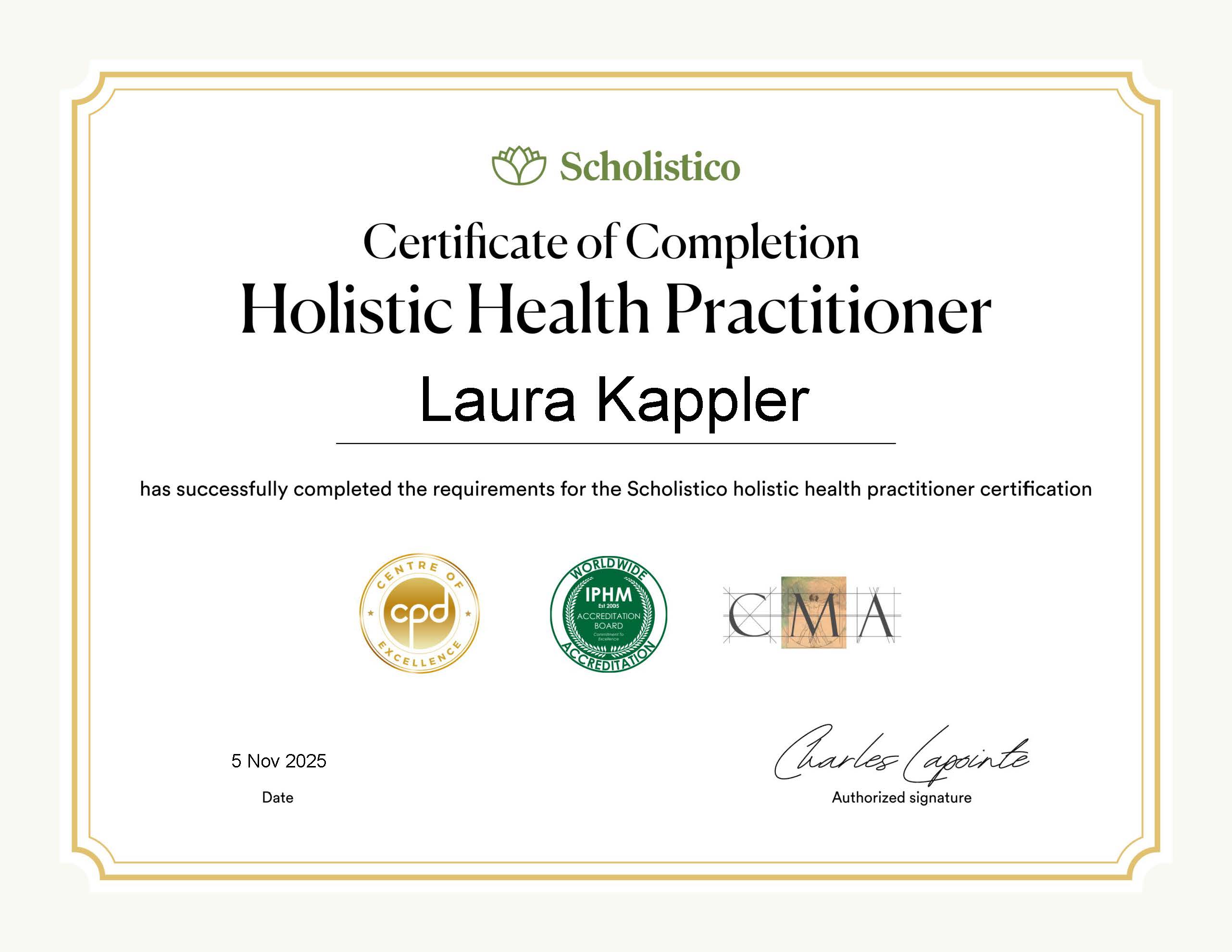 Laura Kappler Holistic Health Practitioner certificate