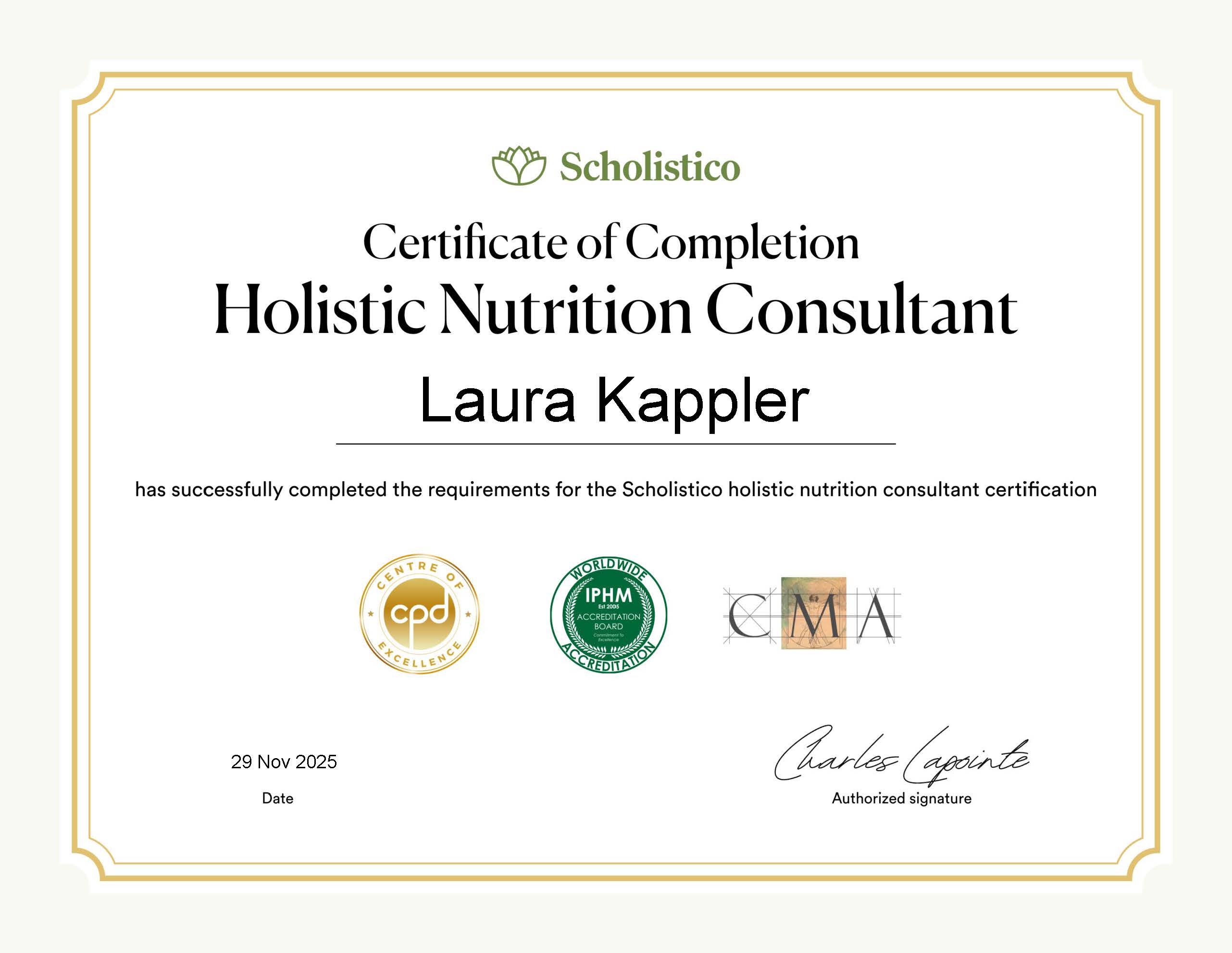 Laura Kappler Holistic Nutrition Consultant certificate