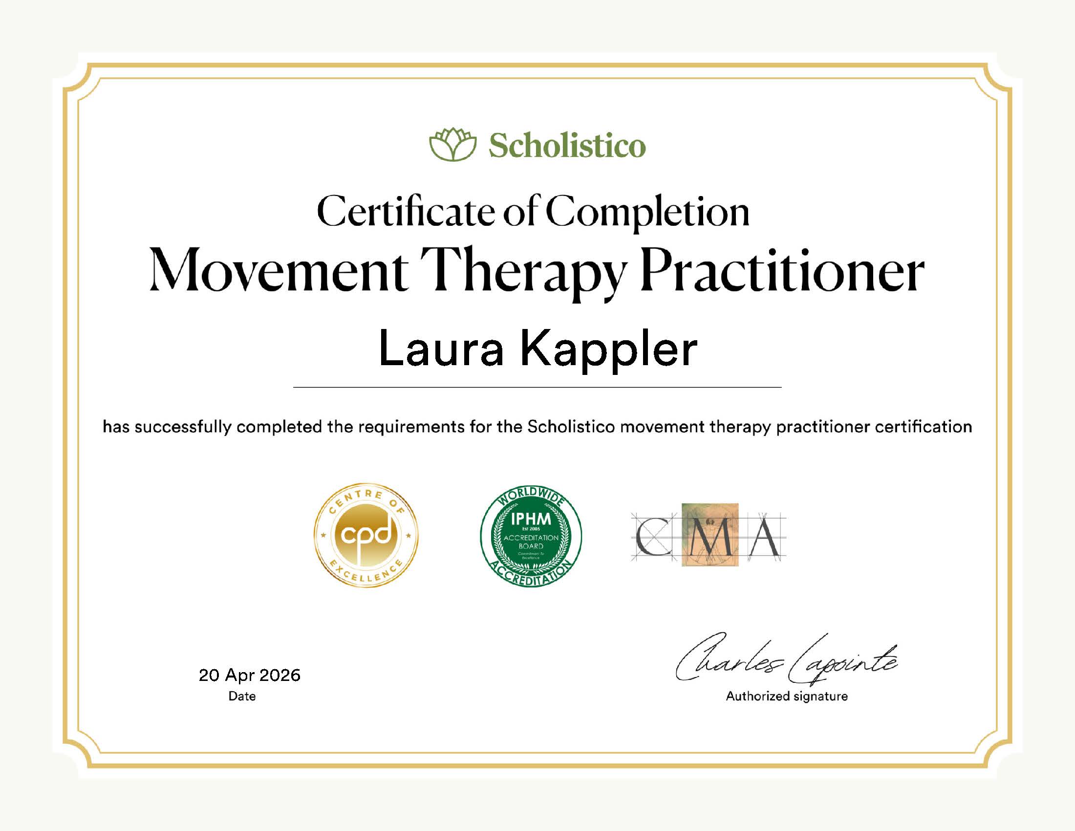 Laura Kappler Movement Therapy Practitioner certificate