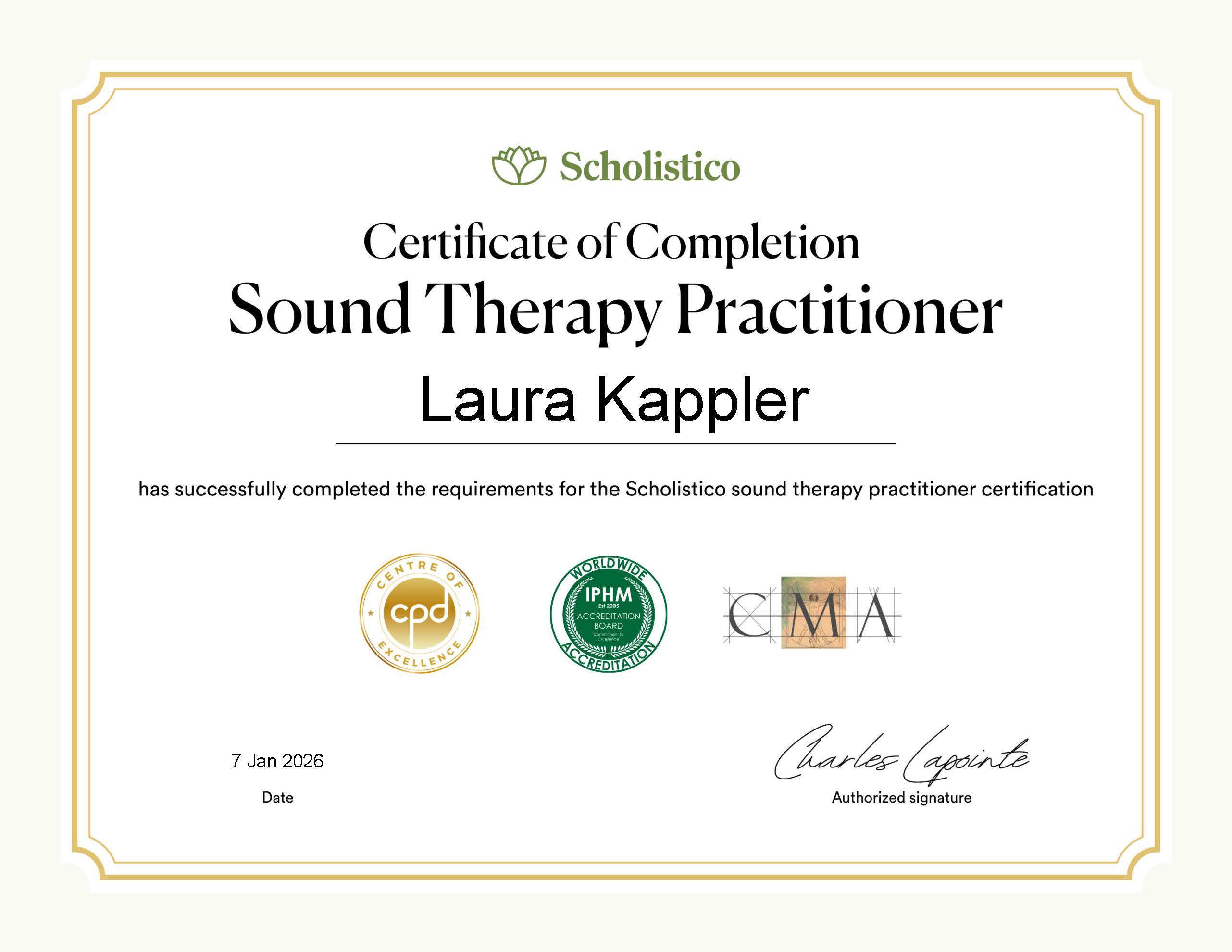 Laura Kappler Sound Therapy Practitioner certificate